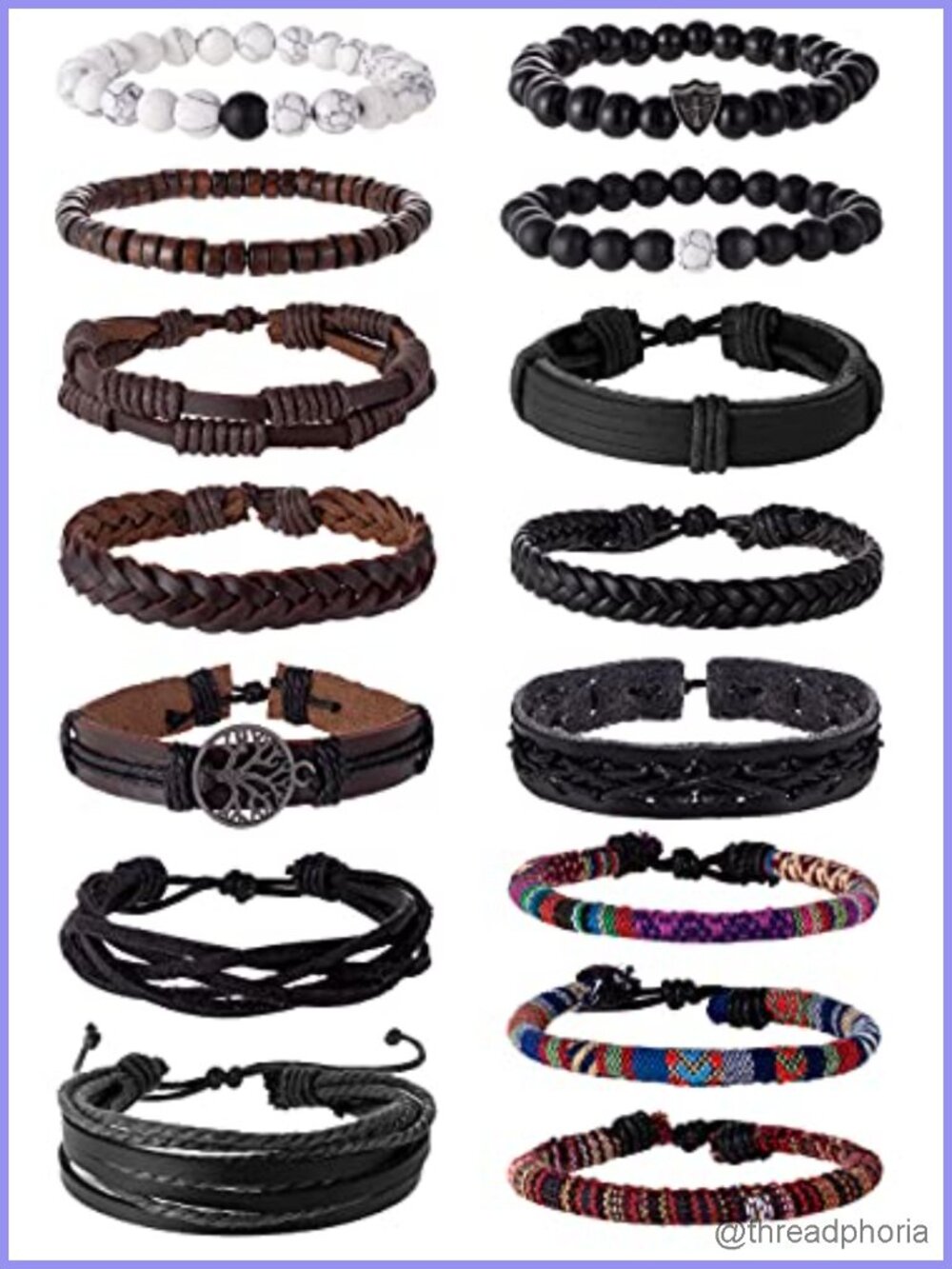 15 PC Braided Leather Bracelet Set Adjustable Boho Woven Wood Bead Ethnic Wrap